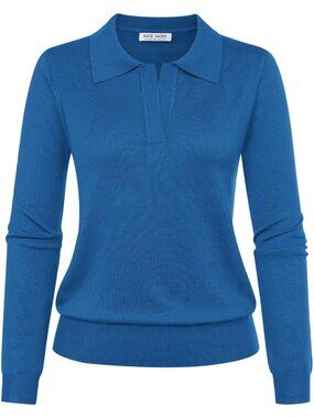 Kate Kasin Women Peacock Blue 1 V Neck Long Sleeve Classic Knitted Polo Sweaters